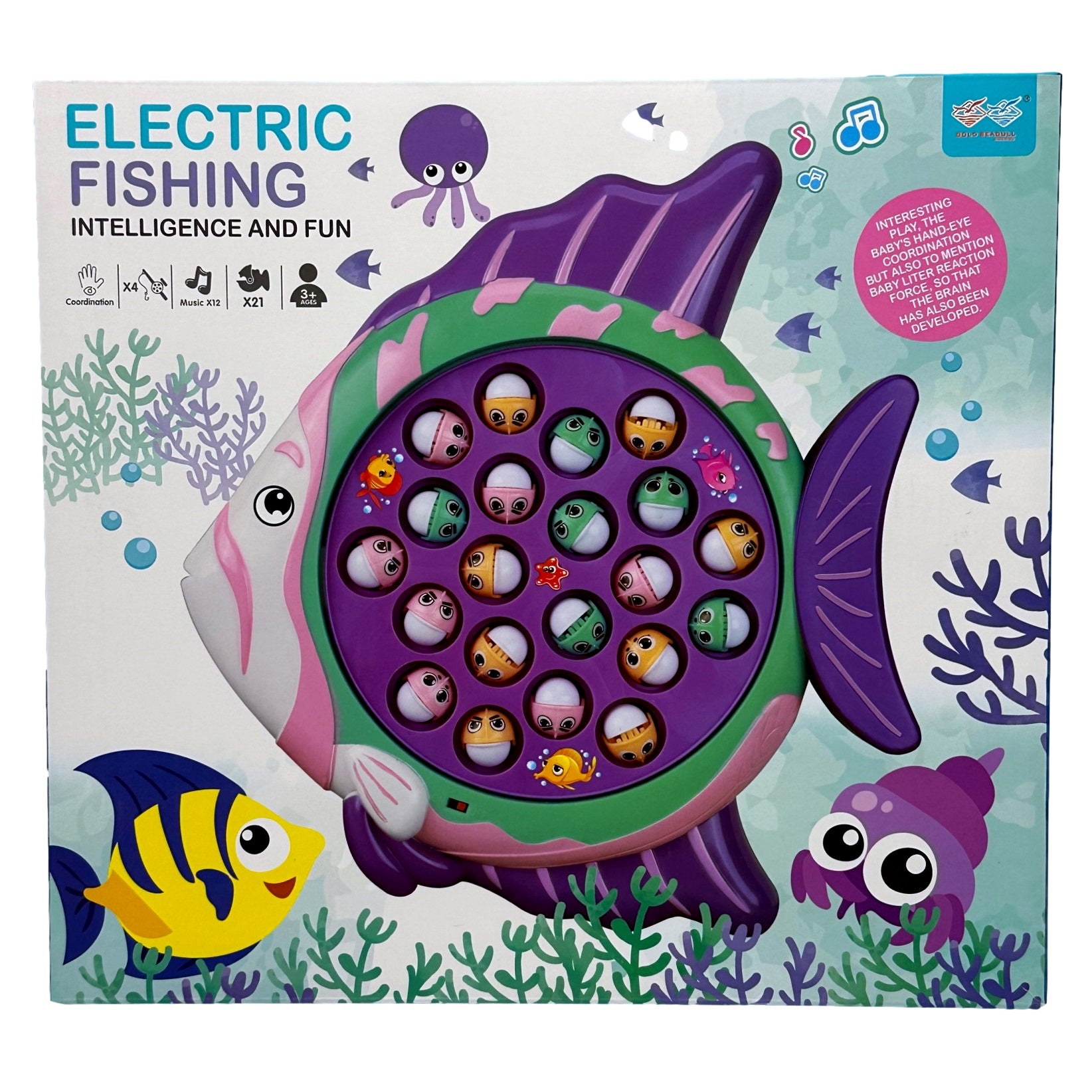 Boxed electric fishing toy with a fish-shaped game board.